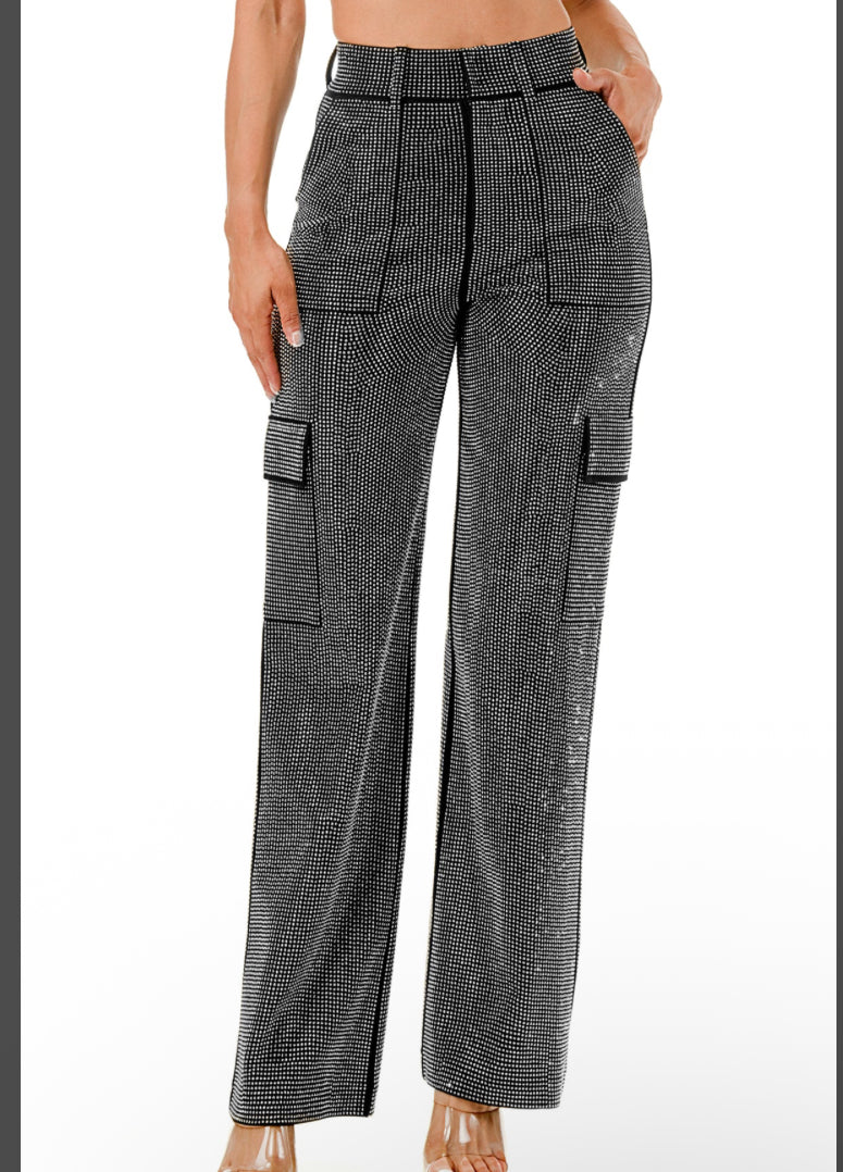 RHINESTONE CARGO PANT (SILVER/BLACK)